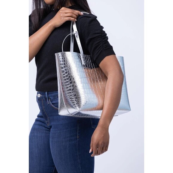 Mansur Gavriel Large Metallic Croc Tote Silver Womens Size OS - Picture 4 of 15